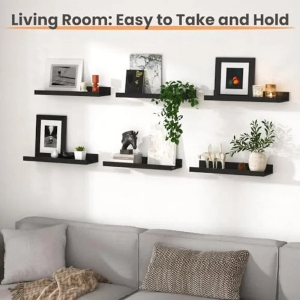 New Floating Wall Shelves, Set of 6 Black Wood Shelves for Home Decor
